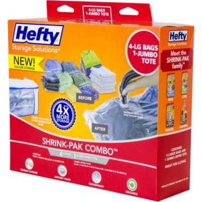 Walmart – Hefty Shrink-Pak Vacuum Seal Bags, 4 Large Bags and 1 Jumbo Zipper Tote Only $12.90 (Reg $17.88) + Free Store Pickup