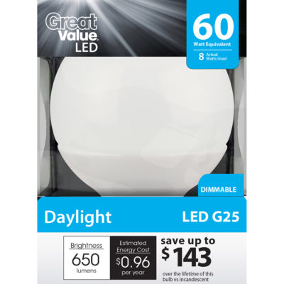 Walmart – Great Value LED Light Bulb 8W (60W Equivalent) G25 (E26) Dimmable, Daylight Only $3.98 (Reg $10.95) + Free Store Pickup