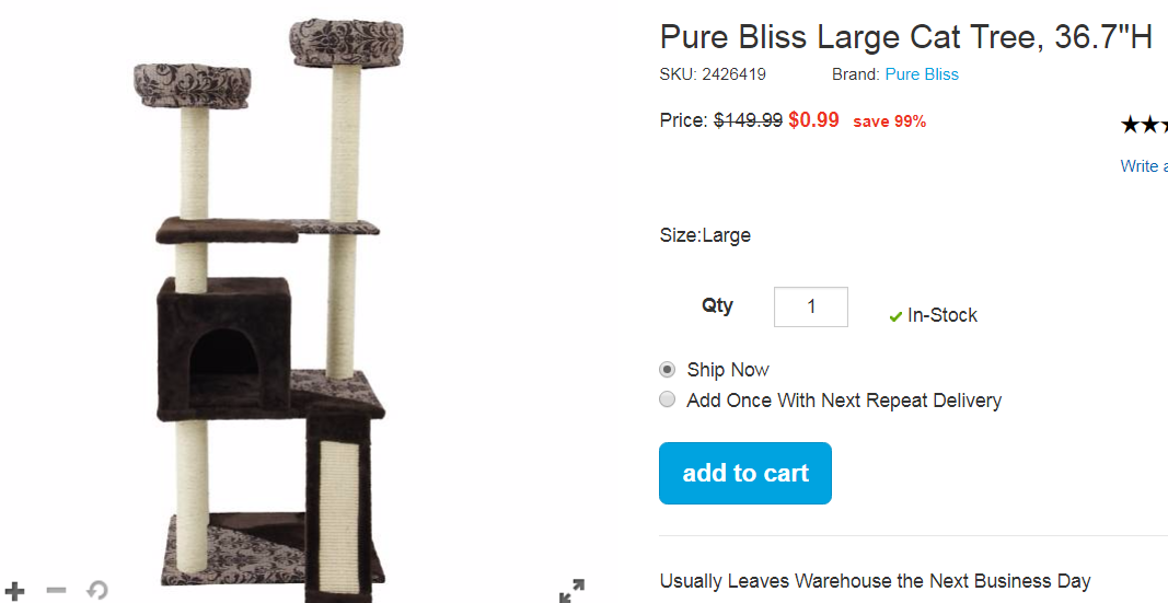 HURRY!!! Petco.com Has The Pure Bliss Large Cat Tree, 36.7″H For Only 99¢ (Reg $149.99)