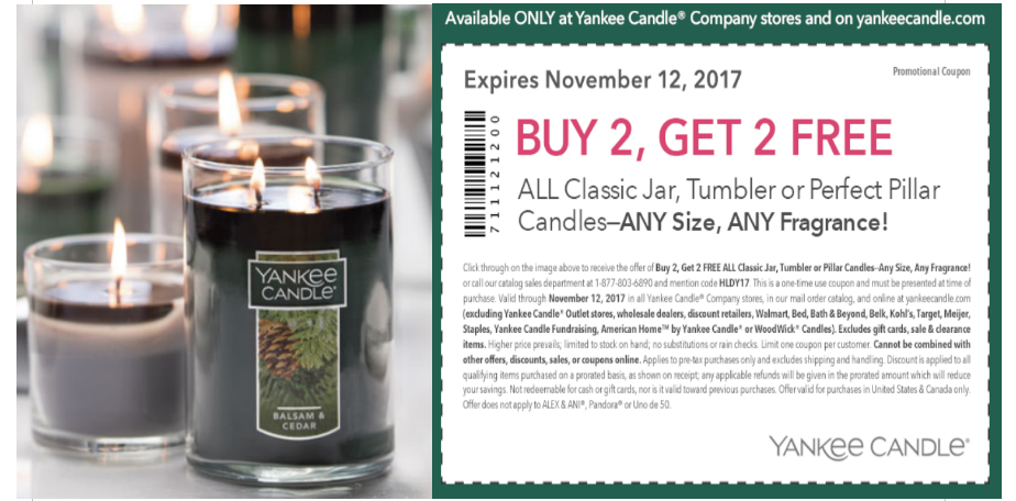 Yankee Candle Printable Coupon – Buy 2, Get 2 Free All Classic Jar, Tumbler Or Perfect Pillar Candles- Any Size, Any Fragrances