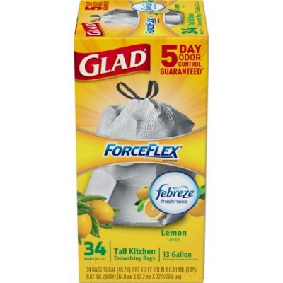 Walmart – Glad ForceFlex OdorShield Lemon Tall Kitchen Drawstring Trash Bags, 13 Gallon, 34 Count Only $7.56 (Reg $15.00) + Free Store Pickup