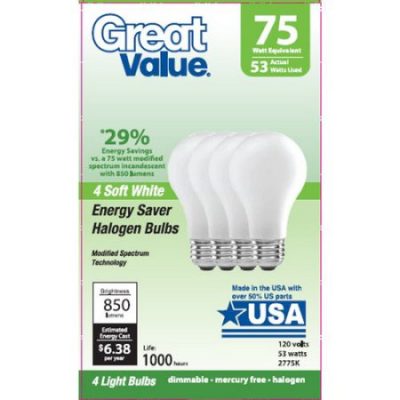 Walmart – Great Value Energy Saving Halogen Light Bulbs, 75W, Soft White, 4 Count Only $3.97 (Reg $4.92) + Free Store Pickup