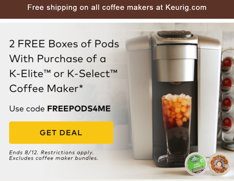 Keurig.com – 2 Free Boxes of Pods With K-Elite Or K-Select Coffee Maker Purchase