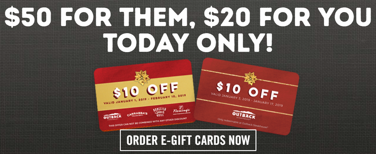 Outback Steakhouse – FREE $20 Bonus Card w/ $50 eGift Card Purchase (Today Only)