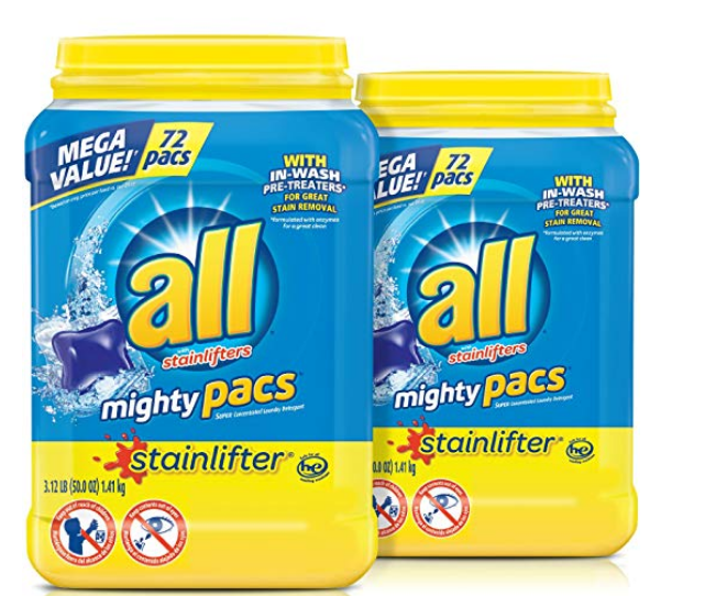 Amazon – All Mighty Pacs Stainlifter Laundry Detergent, Two 72 Count Tubs, 144 Total Loads Only $13 + Free Shipping!