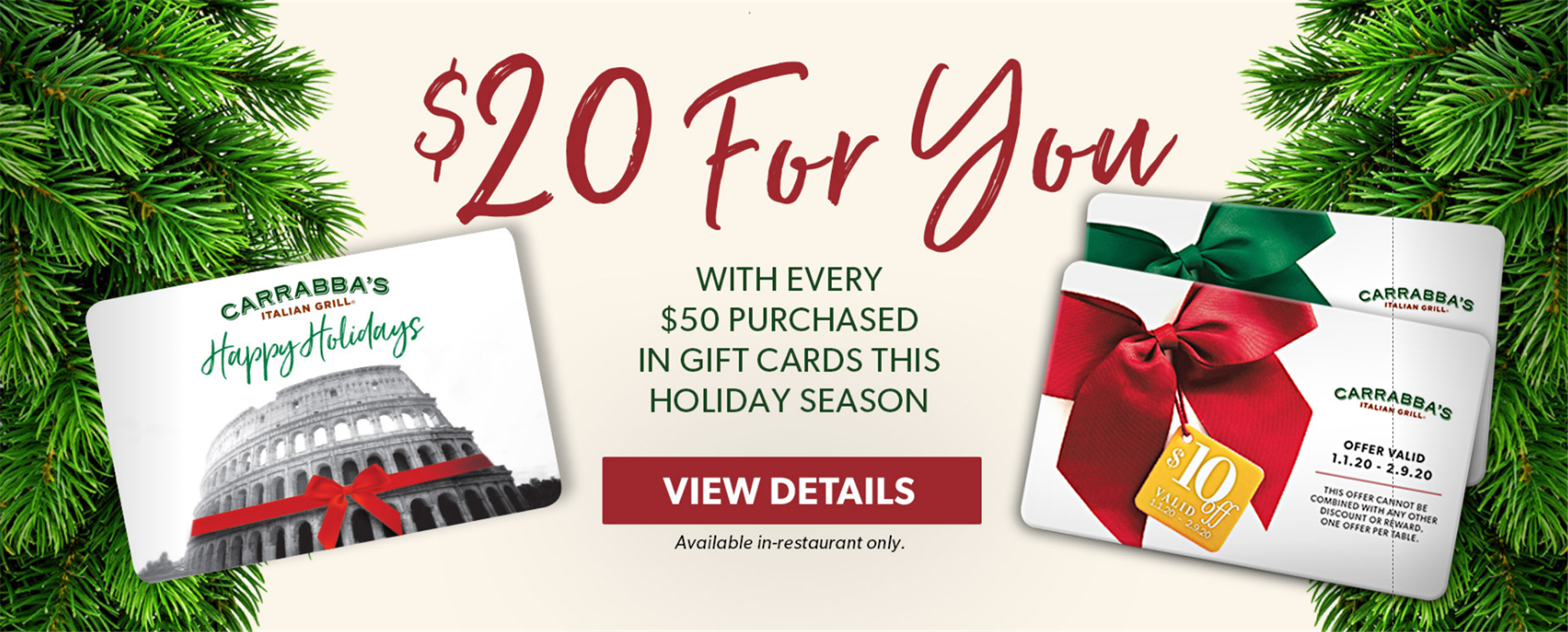 Carrabbas – Get $20 When You Buy $50 In E-Gift Cards