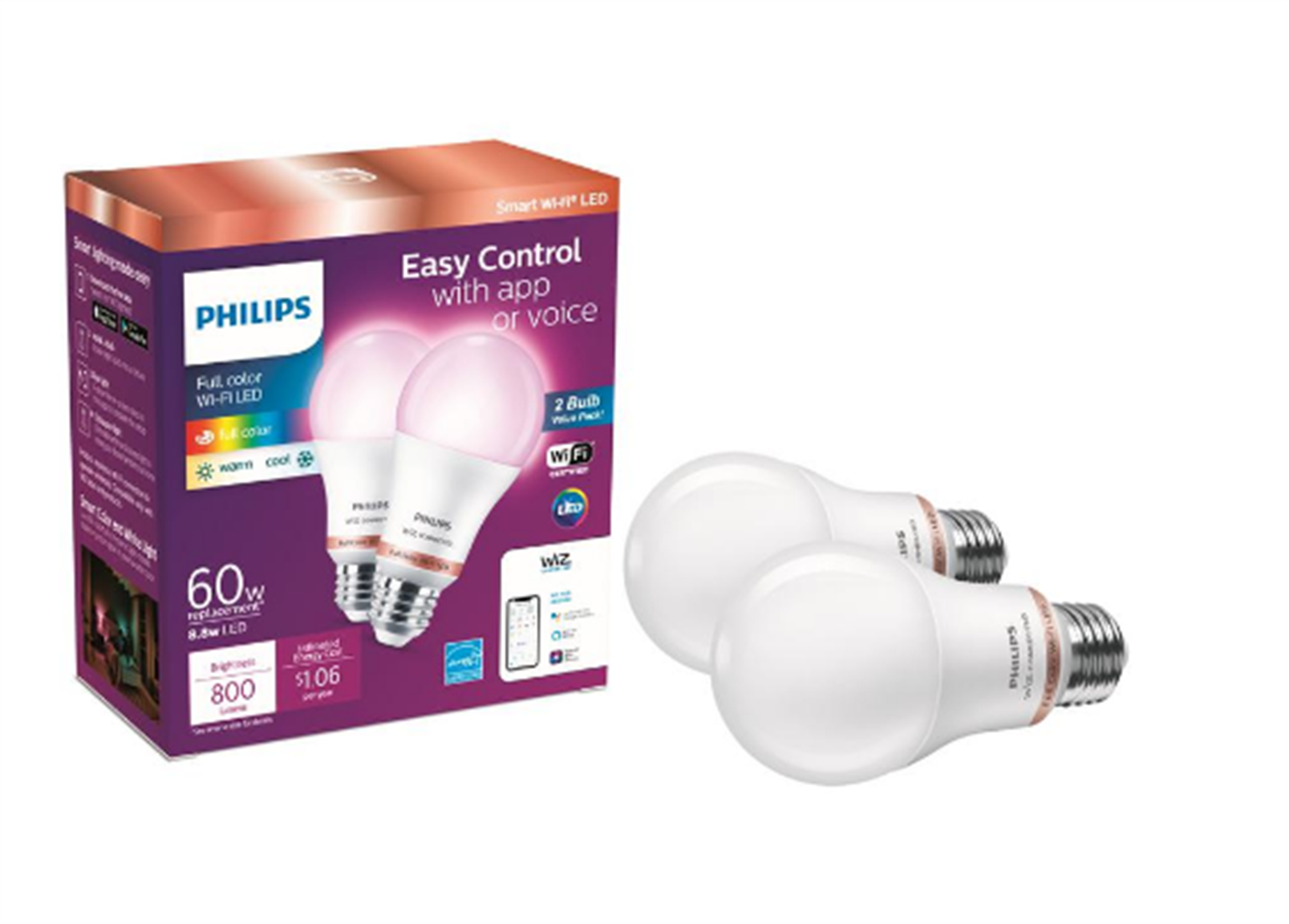 Home Depot – 2 Pk Philips Color & Tunable White A19 LED Dimmable Smart Wi-Fi Light Bulb Only $19.48 + Free Store Pickup!