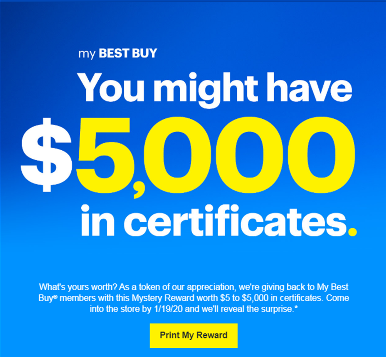 Best Buy – Check Your Inbox “$5 to $5,000. How Much is Your Mystery Reward Worth?”