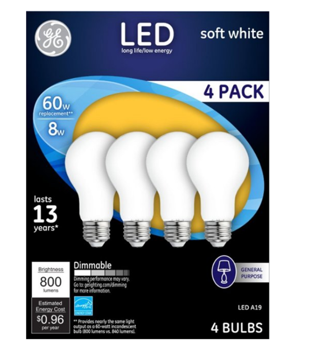 Best Buy – 4 Pack GE 800-Lumen Dimmable A19 LED Light Bulb (Soft White) Only $3.99, Reg $12.99 + Free Store Pickup!