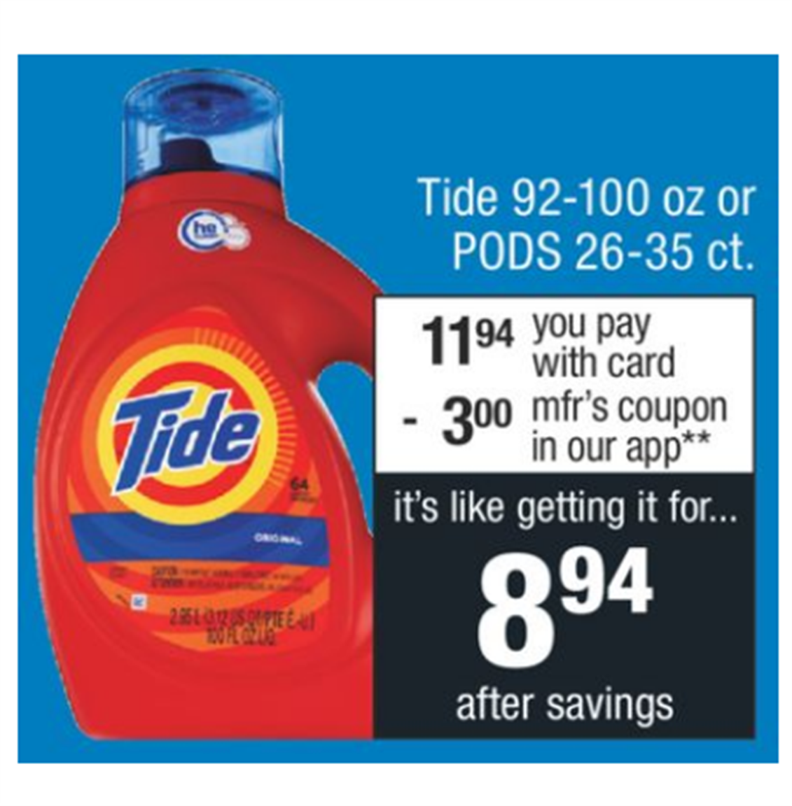 CVS – Tide 92-100 Liquid or Tide Pods 26-35 Count Only $6.44, Reg $15.29!