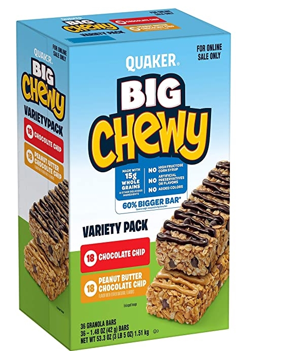 Quaker Big Chewy Granola Bars, 60% Larger, 2 Flavor Variety Pack, (36 Pack) Only $7.70, Reg $10.25 + Free Shipping!